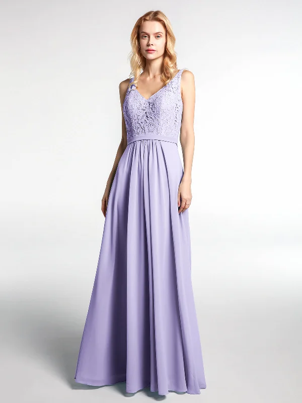 Lace Bodice Chiffon Skirt Maxi Dress with V-neck-Lilac Elegant Maxi Dress with Slit