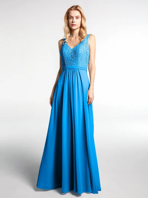 Lace Bodice Chiffon Skirt Maxi Dress with V-neck-Ocean Blue Trendy Maxi Dress with Lace