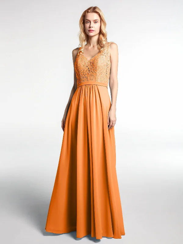 Lace Bodice Chiffon Skirt Maxi Dress with V-neck-Orange Fashionable Button-Down Maxi Dress