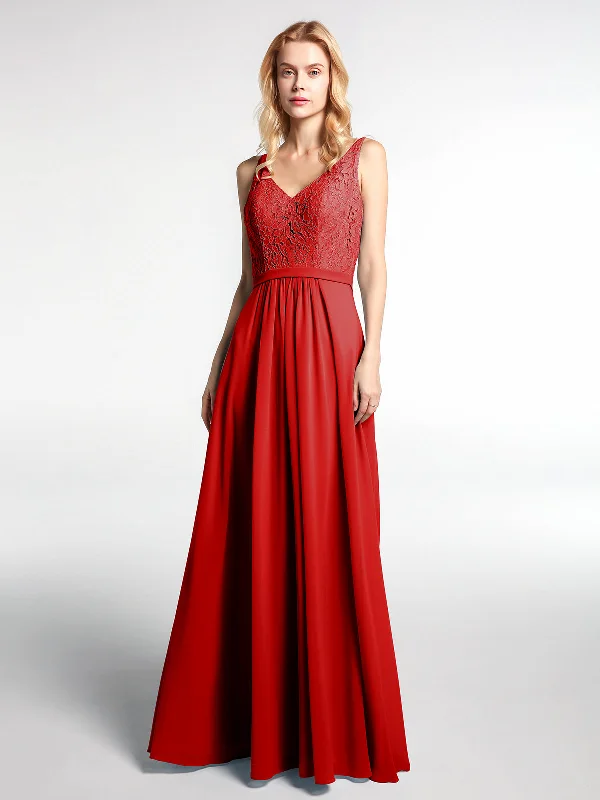 Lace Bodice Chiffon Skirt Maxi Dress with V-neck-Red Classic A-Line Maxi Dress