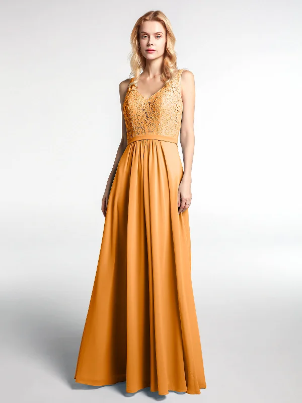 Lace Bodice Chiffon Skirt Maxi Dress with V-neck-Tangerine Fashionable Maxi Dress with Fringe