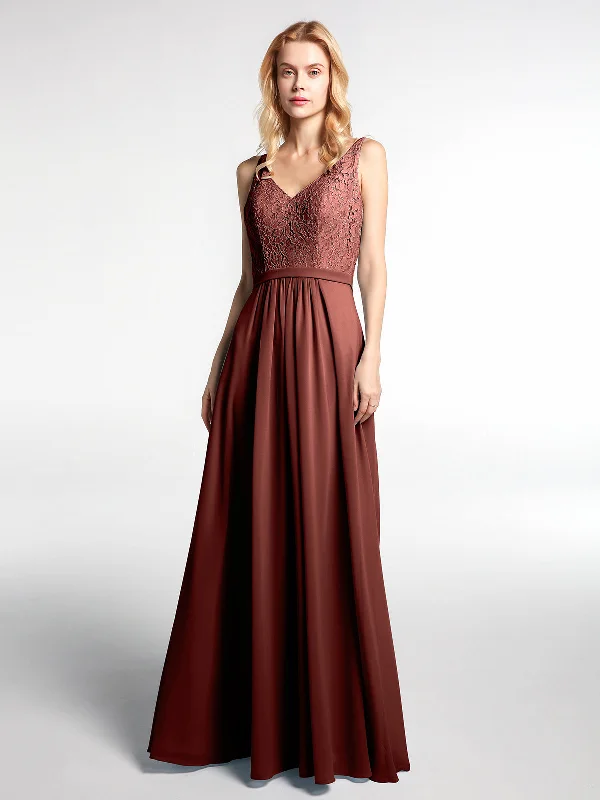 Lace Bodice Chiffon Skirt Maxi Dress with V-neck-Terracotta Cozy Maxi Dress with Slit