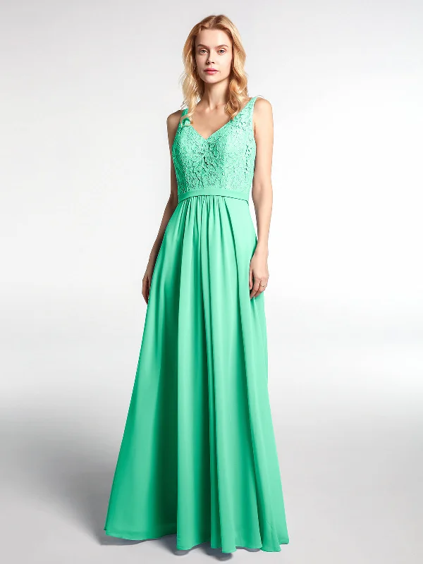 Lace Bodice Chiffon Skirt Maxi Dress with V-neck-Turquoise Elegant Sleeveless Maxi Dress