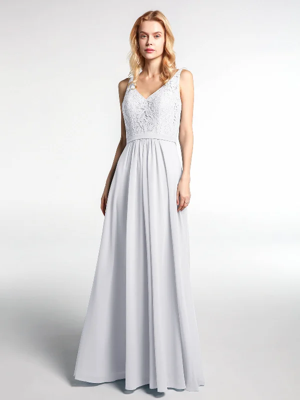 Lace Bodice Chiffon Skirt Maxi Dress with V-neck-White Stylish One-Shoulder Maxi Dress