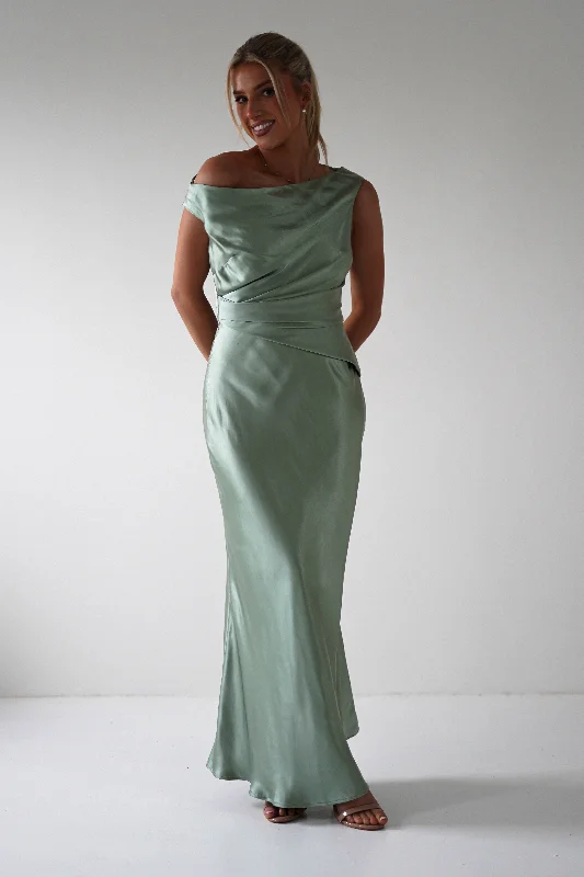 Nela Soft Off The Shoulder Maxi Dress | Sage Elegant Maxi Dress with Belt