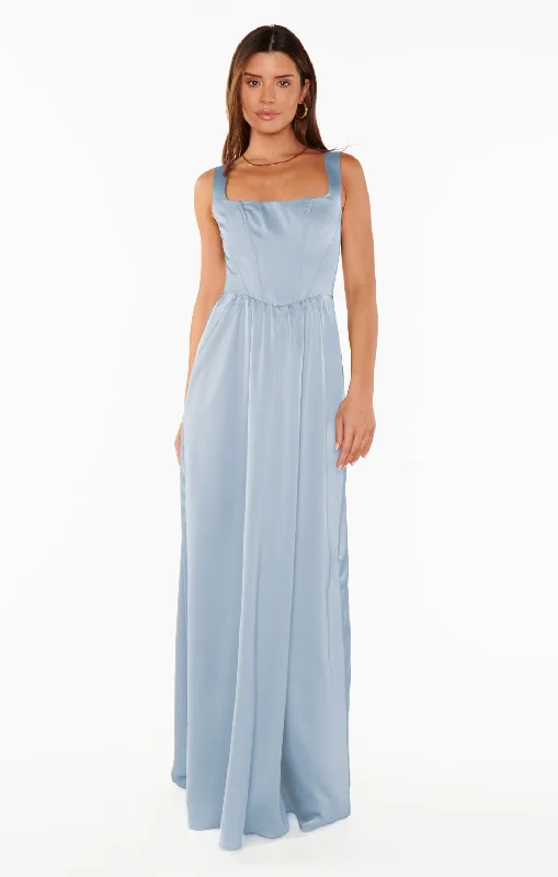 Nina Maxi Dress ~ Steel Blue Luxe Satin Chic Button-Up Maxi Dress