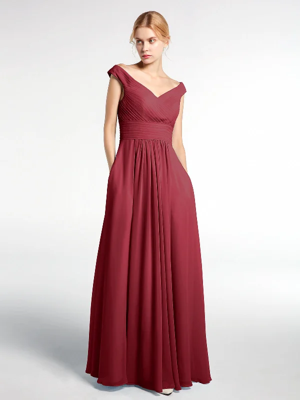 Off shoulder V-neck Maxi Dress with Pockets-Burgundy Comfortable Fit-and-Flare Maxi Dress