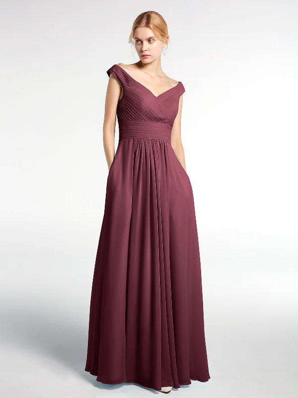 Off shoulder V-neck Maxi Dress with Pockets-Cabernet Stylish Longline Maxi Dress