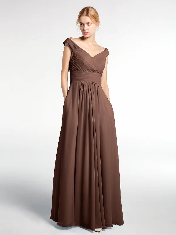 Off shoulder V-neck Maxi Dress with Pockets-Chocolate Fashionable Printed Maxi Dress