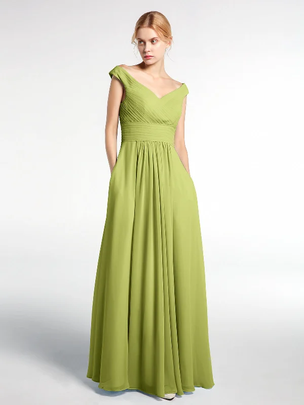 Off shoulder V-neck Maxi Dress with Pockets-Clover Trendy A-Line Maxi Dress