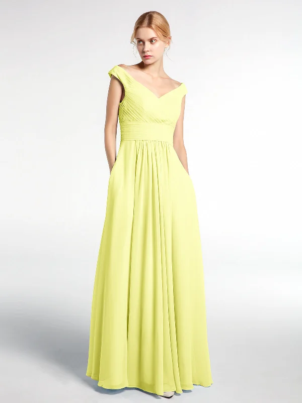 Off shoulder V-neck Maxi Dress with Pockets-Daffodil Trendy Off-Shoulder Ruffle Maxi Dress