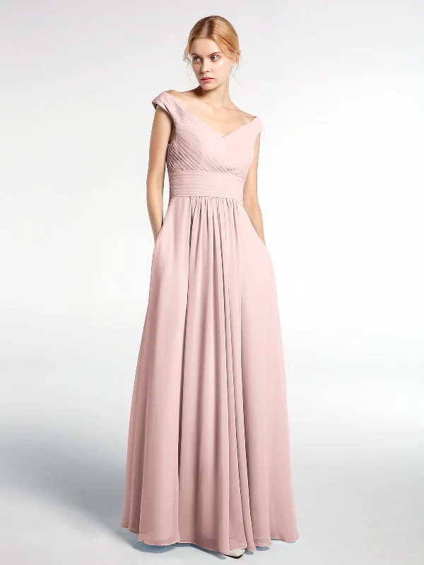 Off shoulder V-neck Maxi Dress with Pockets-Dusty Rose Trendy Ruffled Maxi Dress