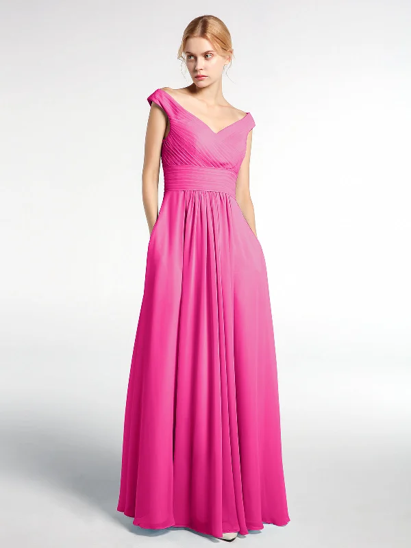 Off shoulder V-neck Maxi Dress with Pockets-Fuchsia Trendy Ruffled Maxi Dress