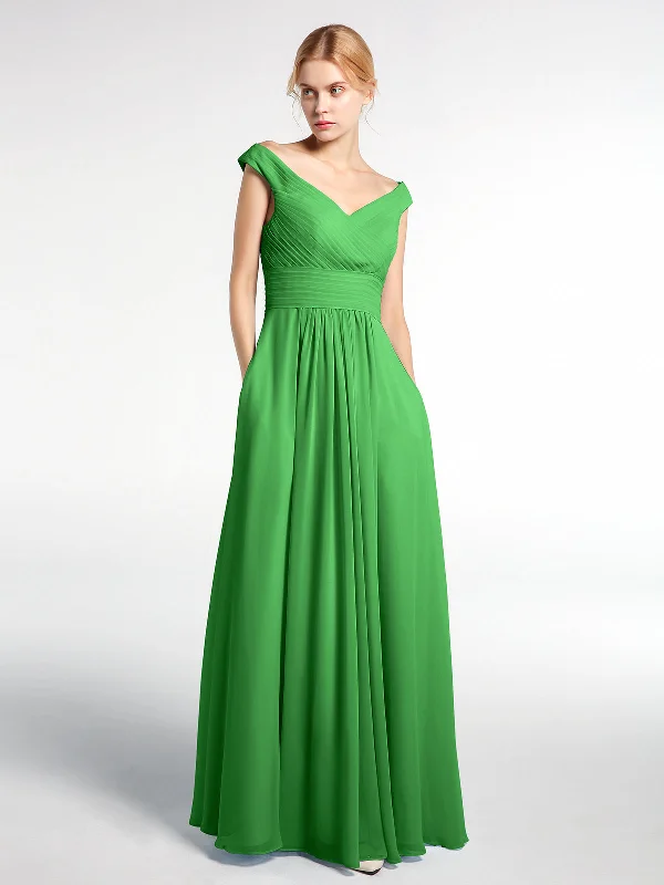 Off shoulder V-neck Maxi Dress with Pockets-Green Fashionable Open-Back Maxi Dress