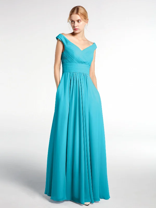 Off shoulder V-neck Maxi Dress with Pockets-Jade Stylish Pleated A-Line Maxi Dress