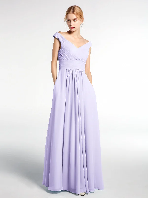 Off shoulder V-neck Maxi Dress with Pockets-Lilac Classic Tulle Maxi Dress