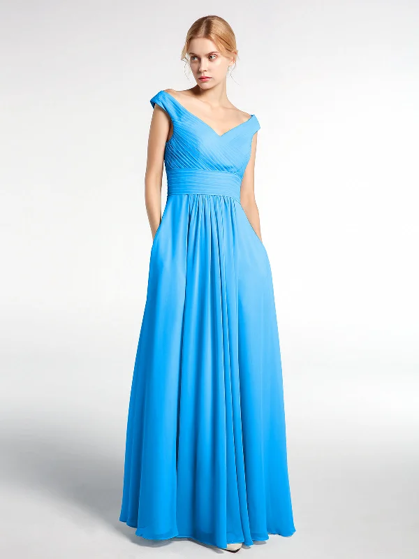 Off shoulder V-neck Maxi Dress with Pockets-Ocean Blue Fashionable Maxi Dress with Fringe