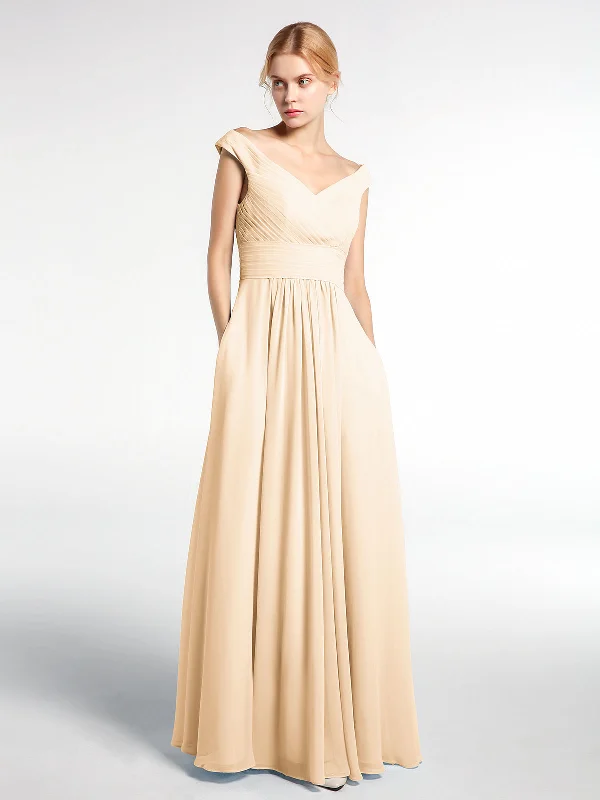 Off shoulder V-neck Maxi Dress with Pockets-Peach Comfortable Maxi Dress with Slits