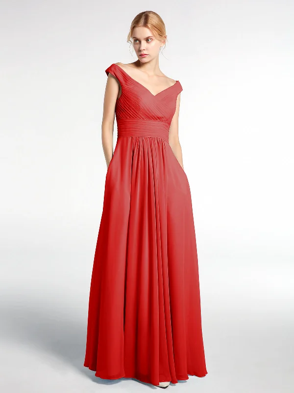 Off shoulder V-neck Maxi Dress with Pockets-Red Stylish Maxi Dress with Frills