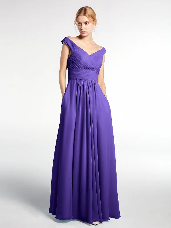 Off shoulder V-neck Maxi Dress with Pockets-Regency Trendy Maxi Dress with Straps