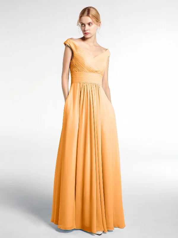 Off shoulder V-neck Maxi Dress with Pockets-Tangerine Stylish Boho Chic Maxi Dress