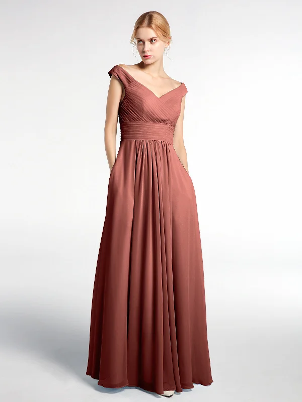 Off shoulder V-neck Maxi Dress with Pockets-Terracotta Stylish Off-Shoulder Maxi Dress