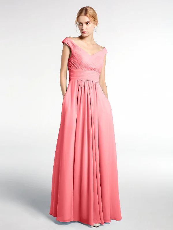 Off shoulder V-neck Maxi Dress with Pockets-Watermelon Comfortable Satin Maxi Dress