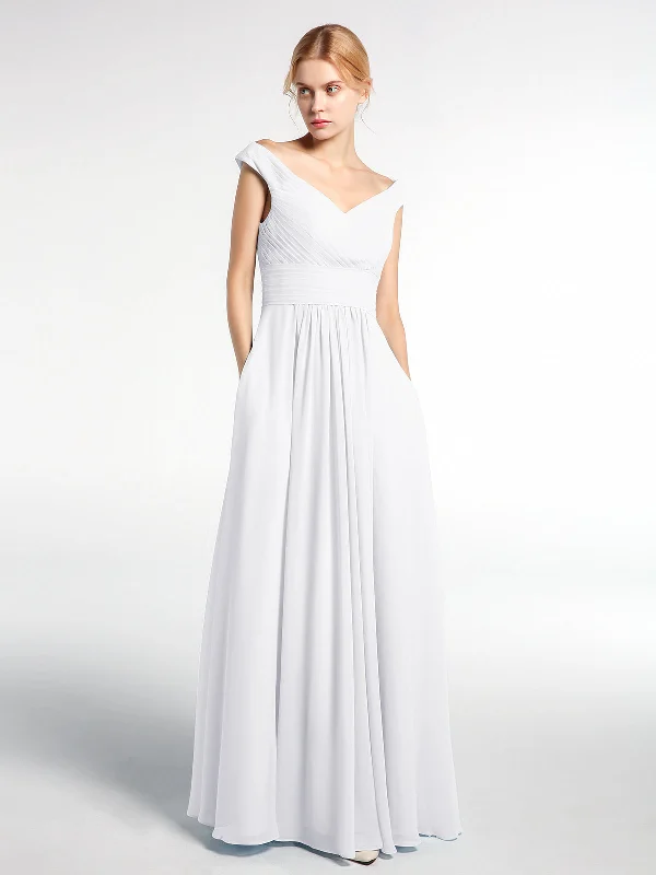 Off shoulder V-neck Maxi Dress with Pockets-White Fashionable High-Waist Maxi Dress