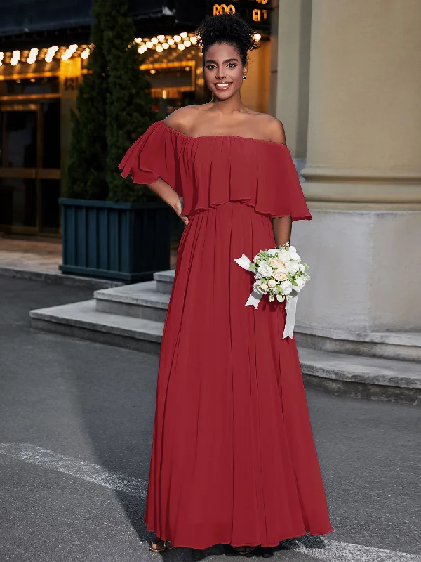 Off the Shoulder Ruffles Chiffon Maxi Dress-Burgundy Elegant Sleeveless Maxi Dress