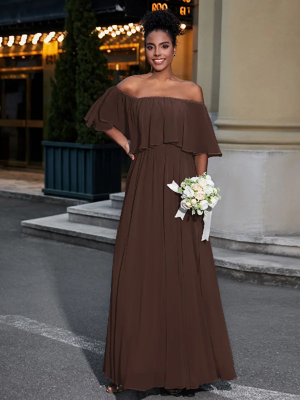 Off the Shoulder Ruffles Chiffon Maxi Dress-Chocolate Elegant Tiered Maxi Dress