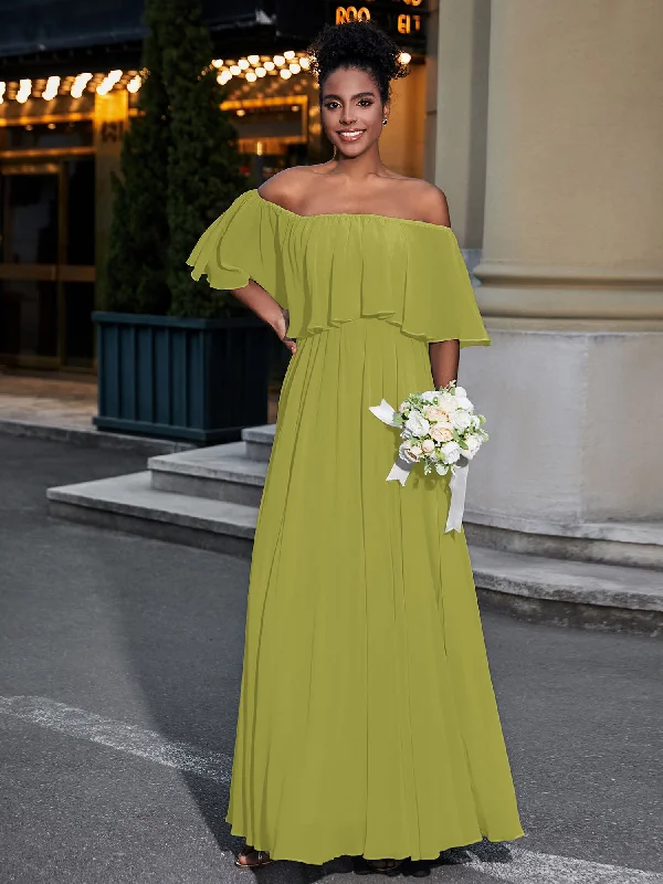 Off the Shoulder Ruffles Chiffon Maxi Dress-Clover Fashionable Asymmetrical Maxi Dress