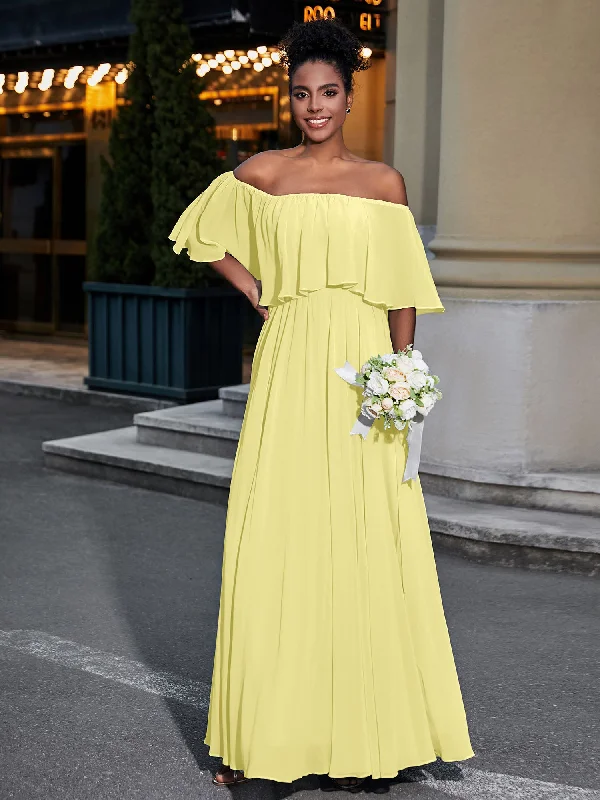 Off the Shoulder Ruffles Chiffon Maxi Dress-Daffodil Trendy Short Sleeve Maxi Dress