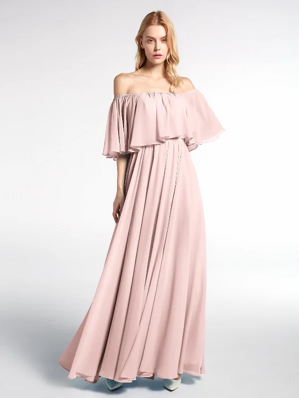 Off the Shoulder Ruffles Chiffon Maxi Dress-Dusty Rose Casual Maxi Dress with Pockets