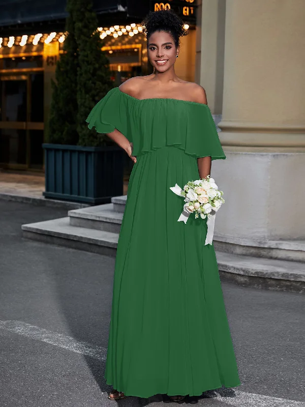 Off the Shoulder Ruffles Chiffon Maxi Dress-Emerald Cozy Knit Maxi Dress