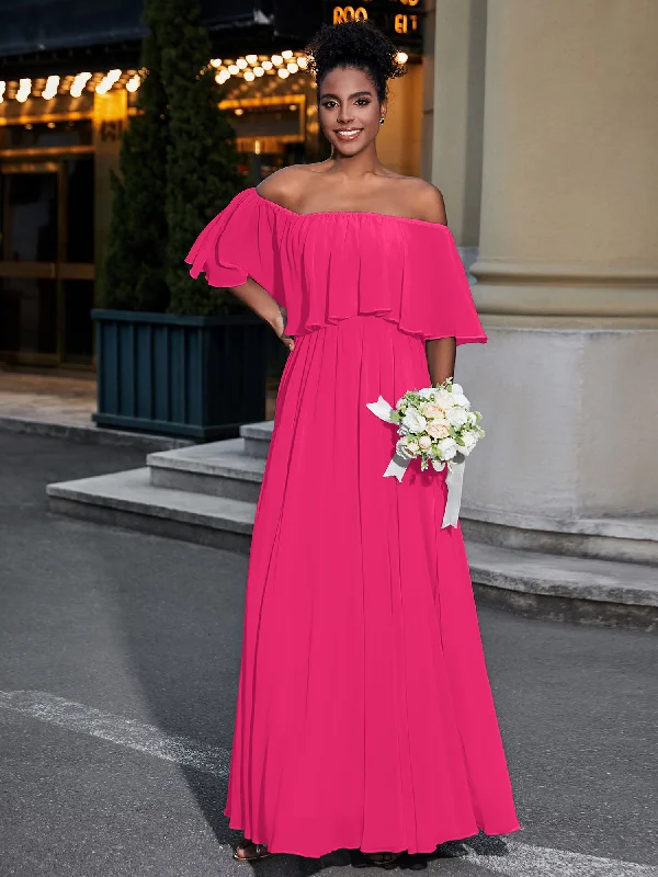 Off the Shoulder Ruffles Chiffon Maxi Dress-Fuchsia Fashionable Open-Back Maxi Dress