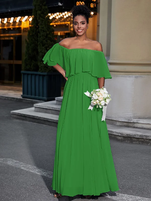 Off the Shoulder Ruffles Chiffon Maxi Dress-Green Elegant Lace Maxi Dress