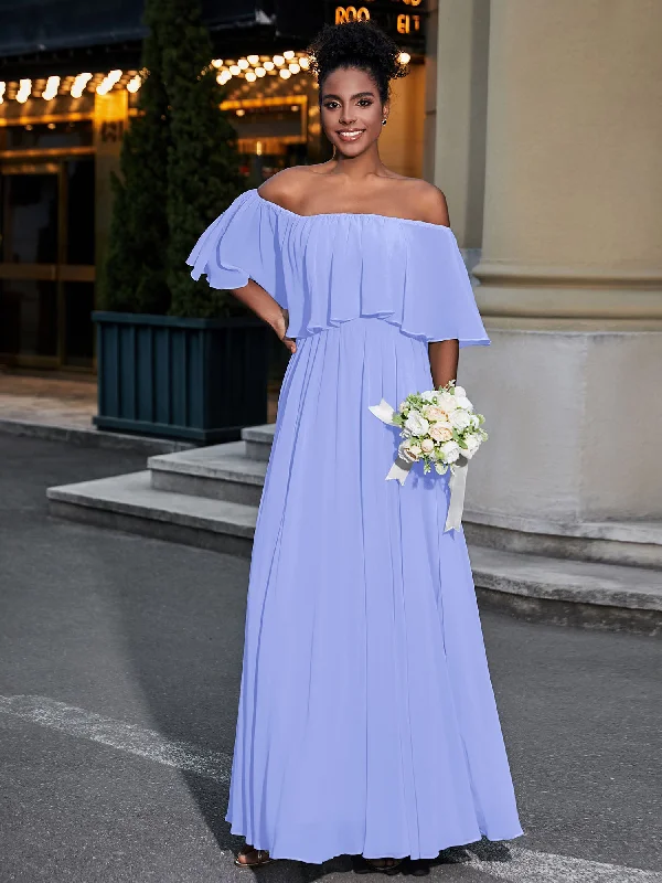 Off the Shoulder Ruffles Chiffon Maxi Dress-Lavender Comfortable Long-Sleeve Maxi Dress