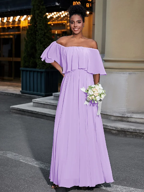 Off the Shoulder Ruffles Chiffon Maxi Dress-Lilac Cozy Spaghetti Strap Maxi Dress