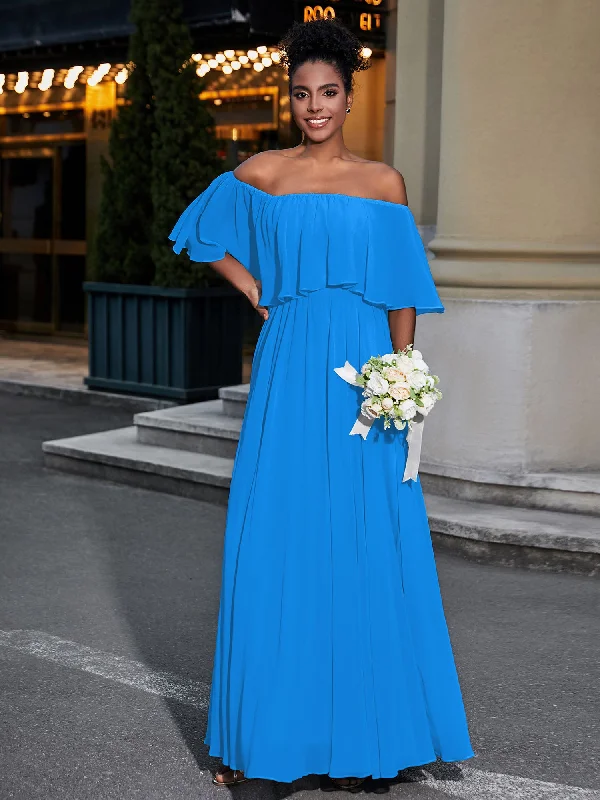 Off the Shoulder Ruffles Chiffon Maxi Dress-Ocean Blue Classic Solid Maxi Dress