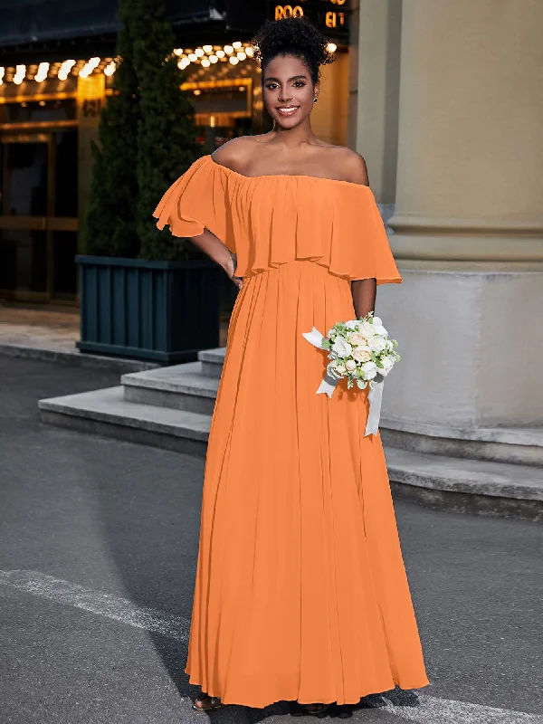 Off the Shoulder Ruffles Chiffon Maxi Dress-Orange Comfortable Bohemian Maxi Dress