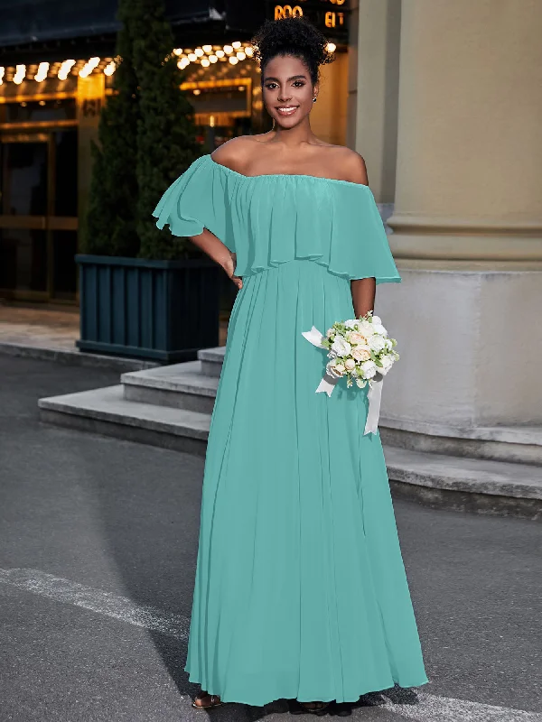 Off the Shoulder Ruffles Chiffon Maxi Dress-Spa Stylish Longline Maxi Dress