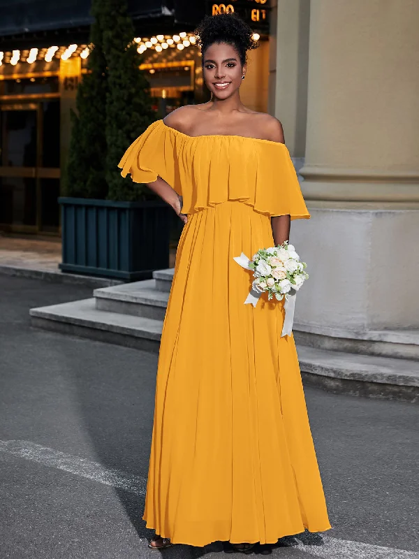 Off the Shoulder Ruffles Chiffon Maxi Dress-Tangerine Fashionable Sheer Maxi Dress