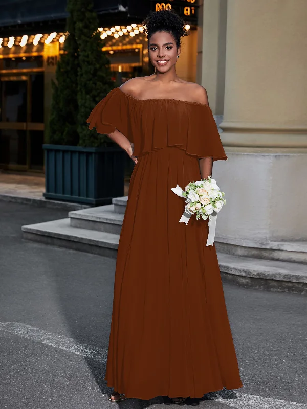 Off the Shoulder Ruffles Chiffon Maxi Dress-Terracotta Elegant Maxi Dress with Drapes