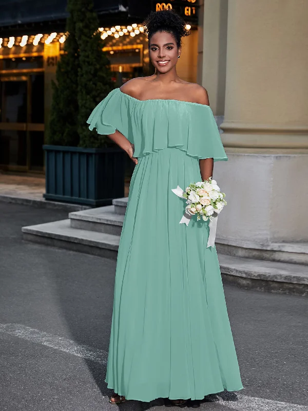 Off the Shoulder Ruffles Chiffon Maxi Dress-Turquoise Chic Sleeveless Maxi Dress