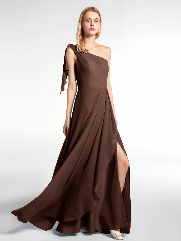 One Shoulder Chiffon Maxi Dress with Cascade-Chocolate Cozy Ribbed Maxi Dress