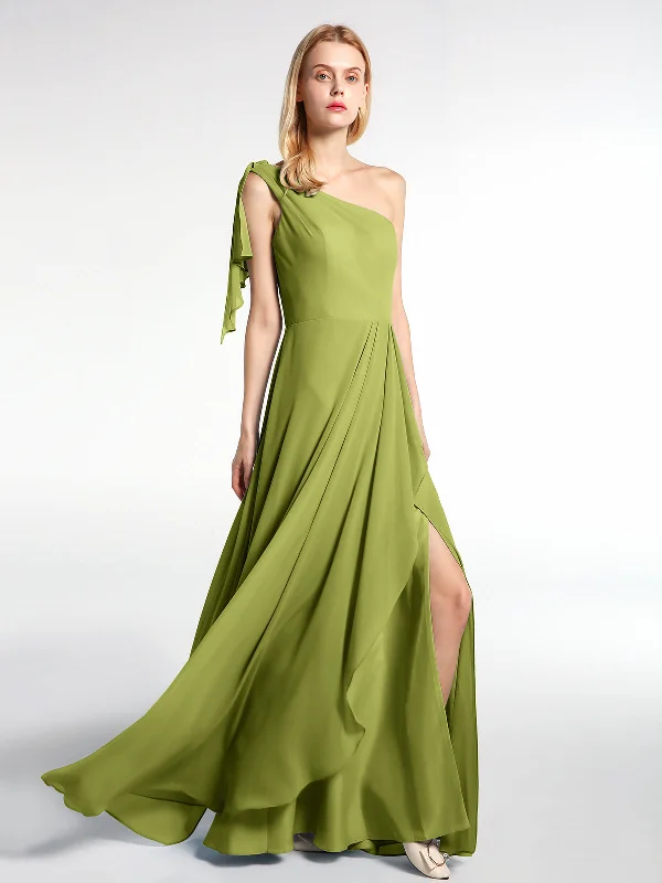 One Shoulder Chiffon Maxi Dress with Cascade-Clover Fashionable High-Low Maxi Dress