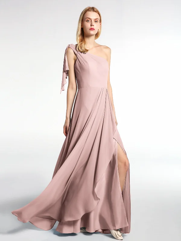 One Shoulder Chiffon Maxi Dress with Cascade-Dusty Rose Cozy Maxi Dress with Slit