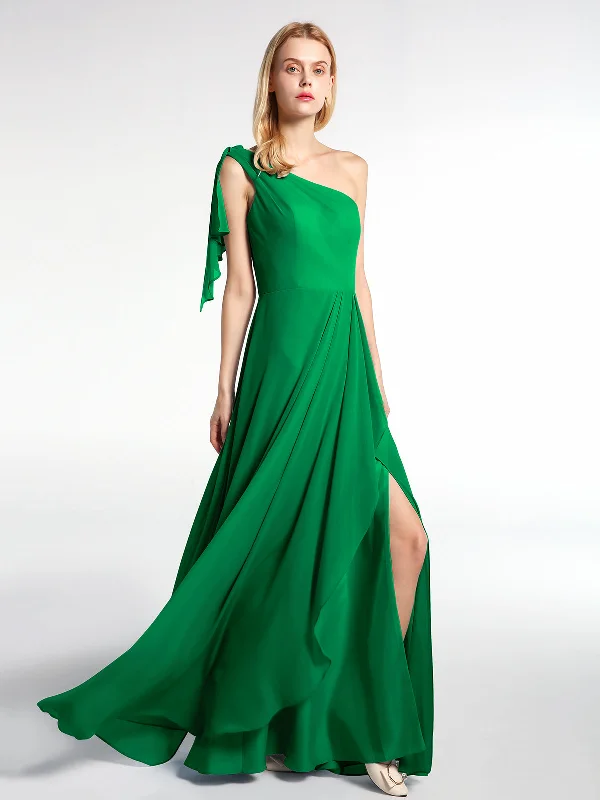 One Shoulder Chiffon Maxi Dress with Cascade-Emerald Stylish Long Sleeve Maxi Dress