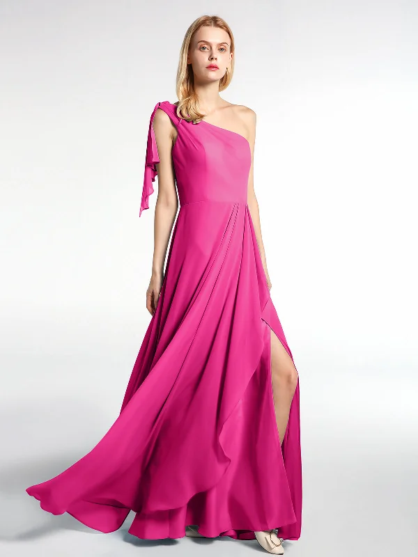 One Shoulder Chiffon Maxi Dress with Cascade-Fuchsia Comfortable Fit-and-Flare Maxi Dress