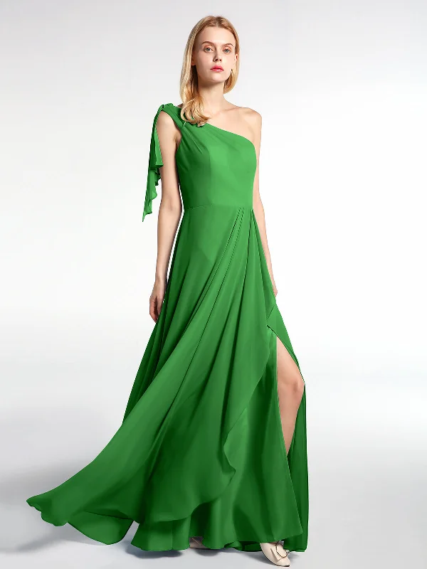 One Shoulder Chiffon Maxi Dress with Cascade-Green Classic V-Neck Maxi Dress